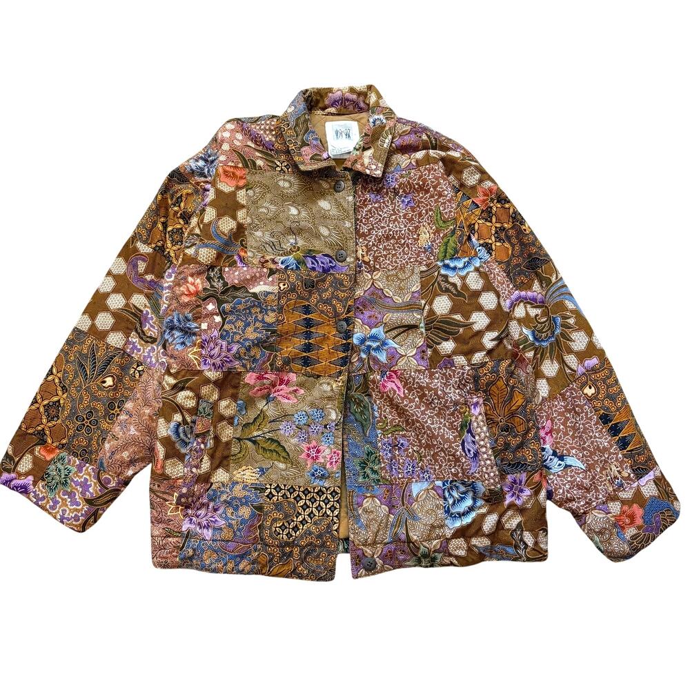 Vintage Together! Patchwork Quilted Jacket Brown Womens Size S Retro Floral